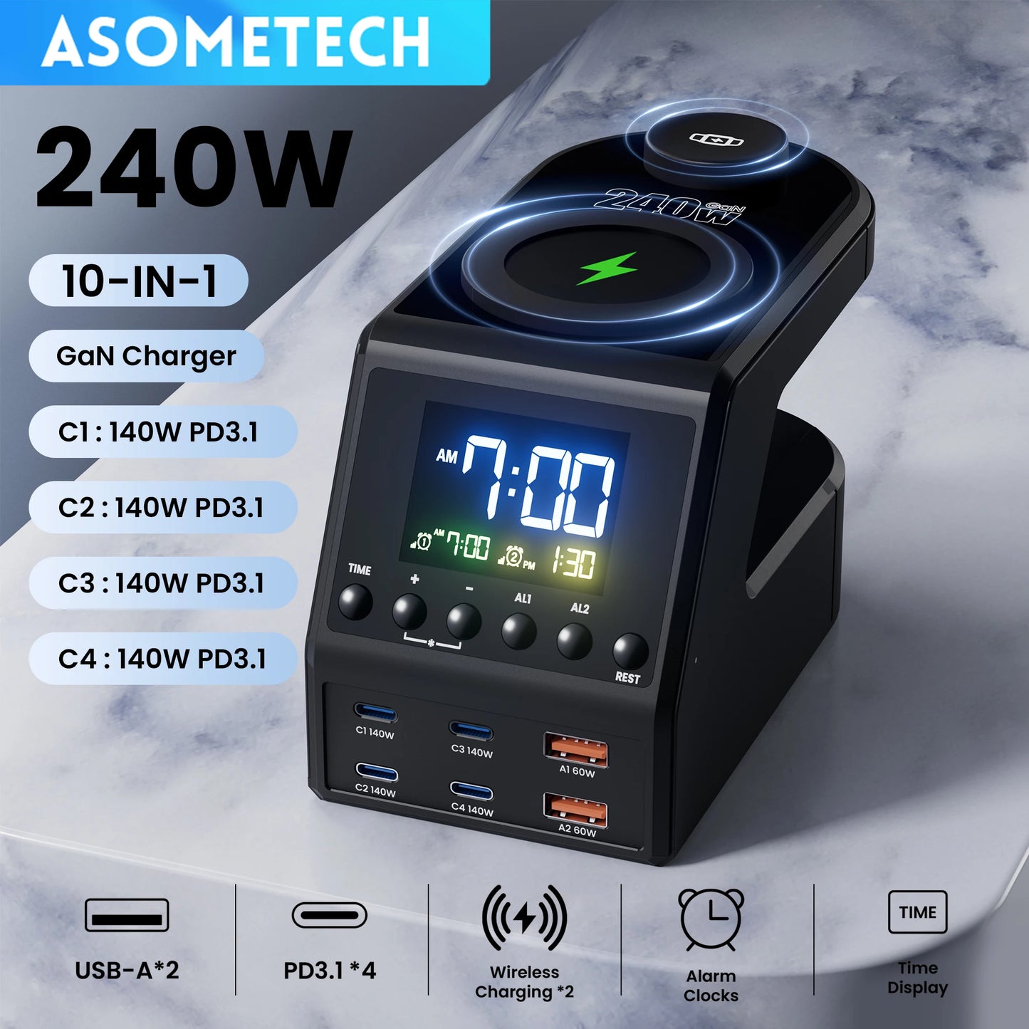 240W GaN Charging Station - 6-Port Fast Charger with Dual Wireless & Clock