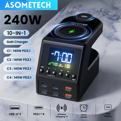 240W GaN Charging Station - 6-Port Fast Charger with Dual Wireless & Clock