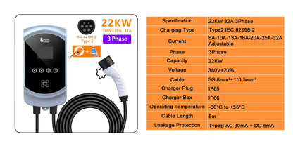 Smart EV Wallbox Charger - 22KW Type 2 Electric Vehicle Charging Station