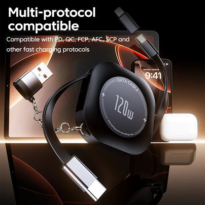 120W Retractable USB-C to USB-C Fast Charging Cable with Adapter