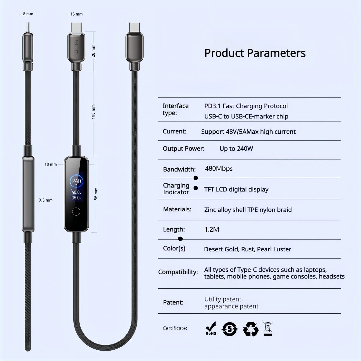 240W USB-C Fast Charging Cable with Real-Time LED Power Display