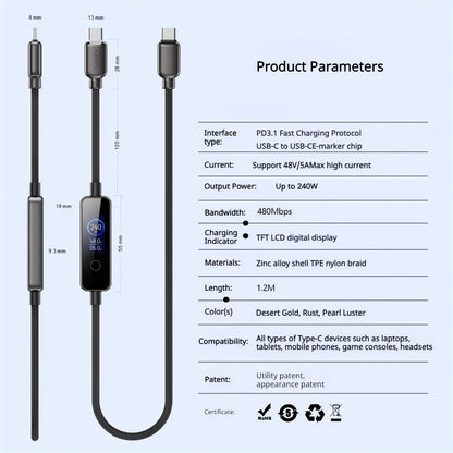 240W USB-C Fast Charging Cable with Real-Time LED Power Display