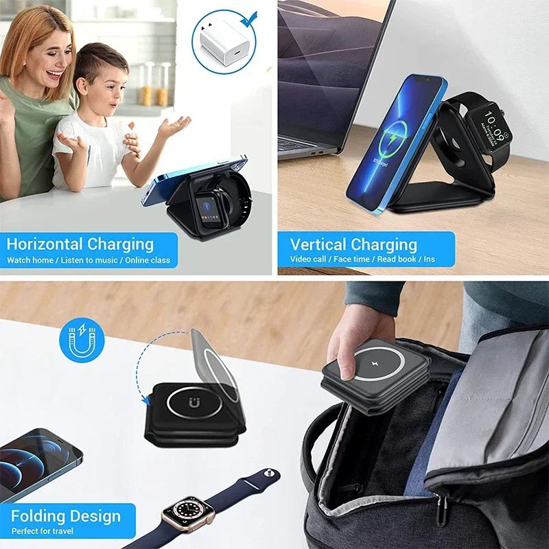 3-in-1 Foldable Magnetic Wireless Charging Station for iPhone & Apple Watch