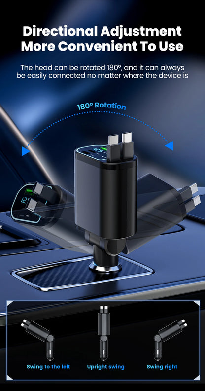 100W Retractable Fast Car Charger with USB & Type-C Digital Display