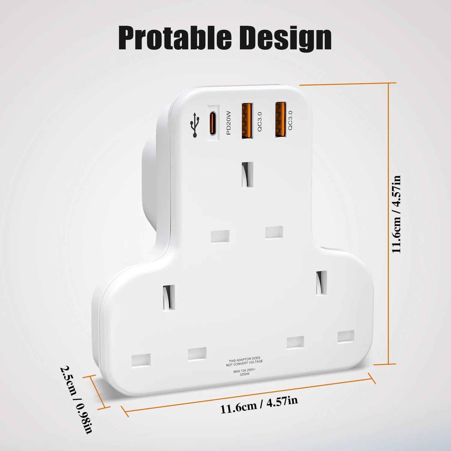 UK 6-in-1 Wall Socket Extender with 20W PD Fast Charging & 3 USB Ports - 3