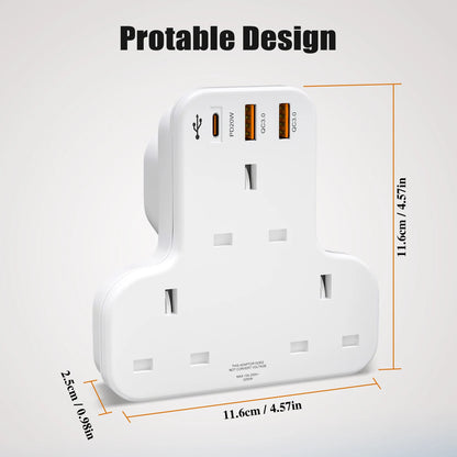 UK 6-in-1 Wall Socket Extender with 20W PD Fast Charging & 3 USB Ports