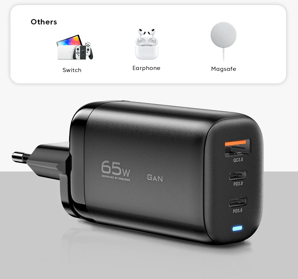 65W GaN Fast Charger - Triple Port USB-C Wall Charger for Laptop & Phone - 19