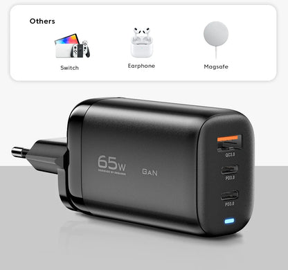 65W GaN Fast Charger - Triple Port USB-C Wall Charger for Laptop & Phone