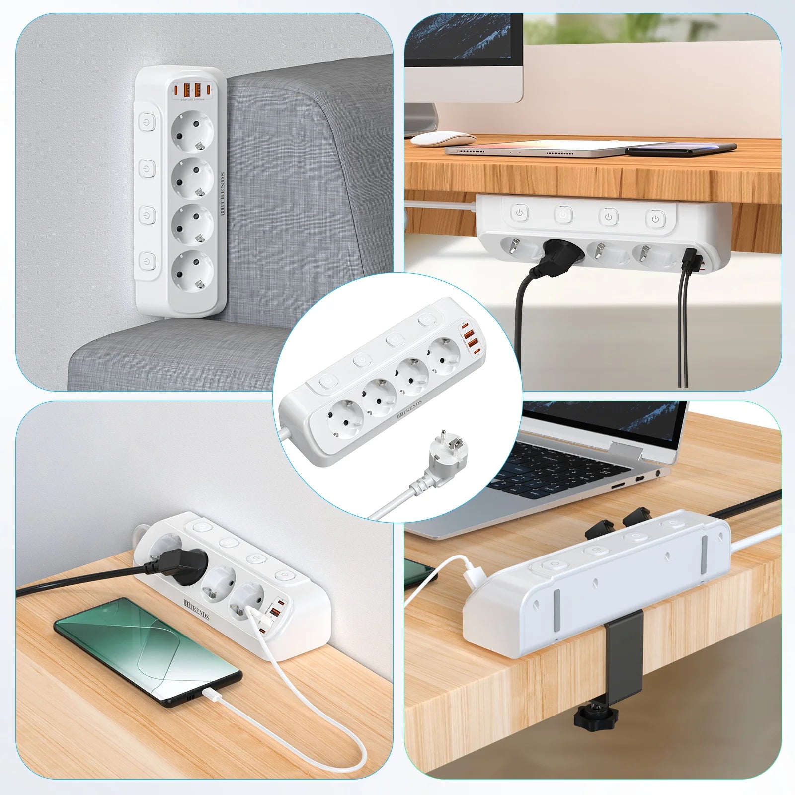 8-in-1 EU Power Strip with 4 Outlets, 2 USB-C & 2 USB-A Fast Charging - 6