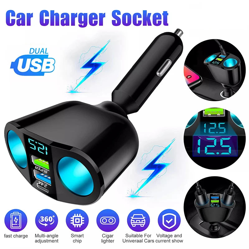 3-Port Fast Car Charger with Digital Display - PD20W & QC3.0 Adapter - 1