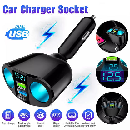 3-Port Fast Car Charger with Digital Display - PD20W & QC3.0 Adapter