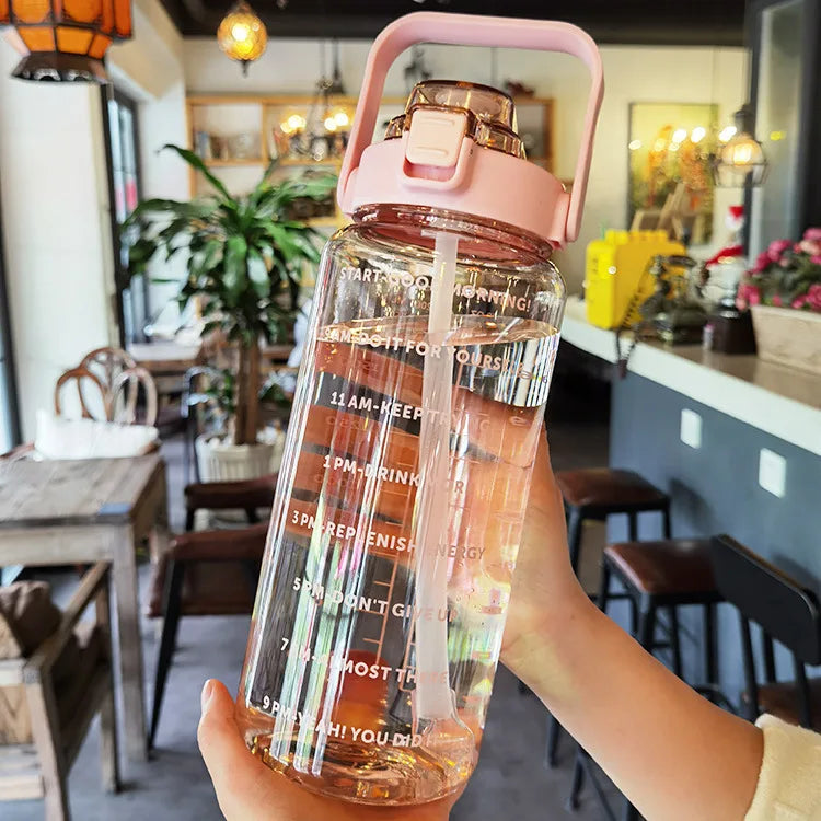2L Large Motivational Water Bottle with Straw & Time Markers for Fitness - 19