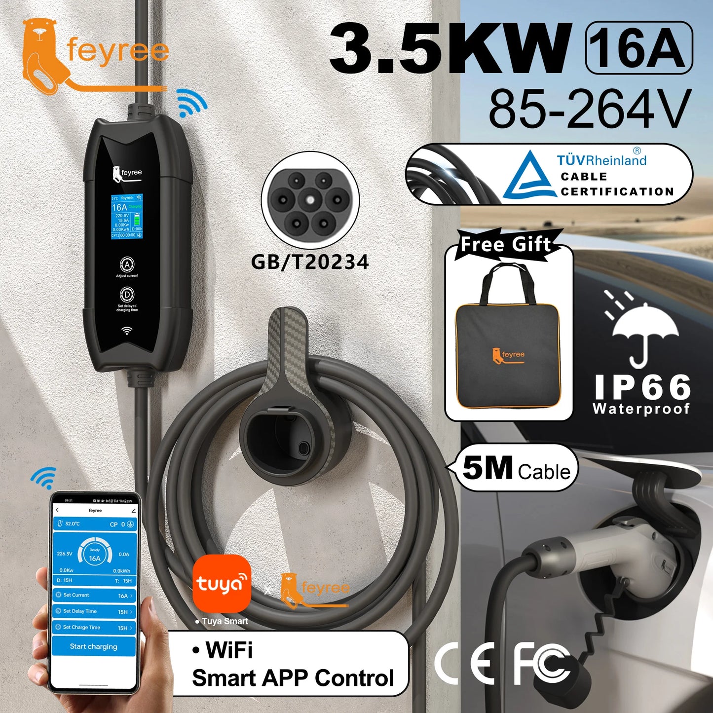 Portable 16A EV Charger with APP Control - 3.5KW Electric Vehicle Cable