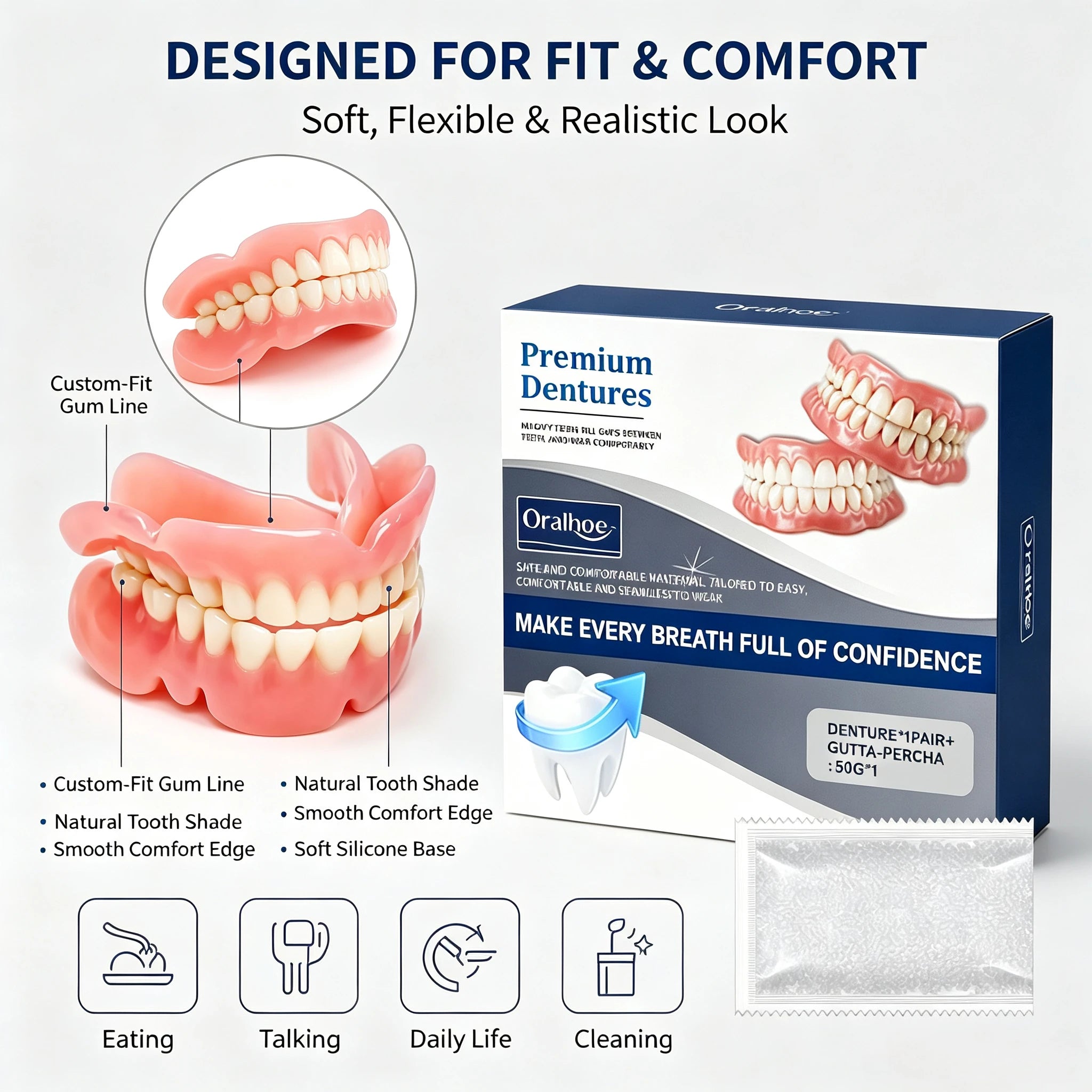 Comfort Fit Snap-On Dentures - Natural Realistic Teeth Set for Instant Smile - 5
