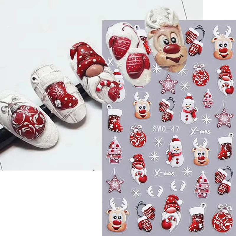 Christmas 3D Embossed Nail Art Stickers - Winter Holiday Manicure Decals - 3