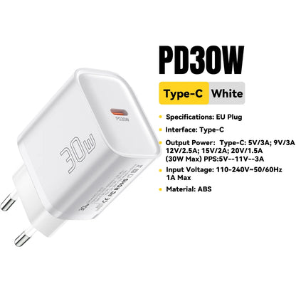 Mini 30W USB-C Fast Charger - PD & QC 3.0 Power Adapter for iPhone & Android