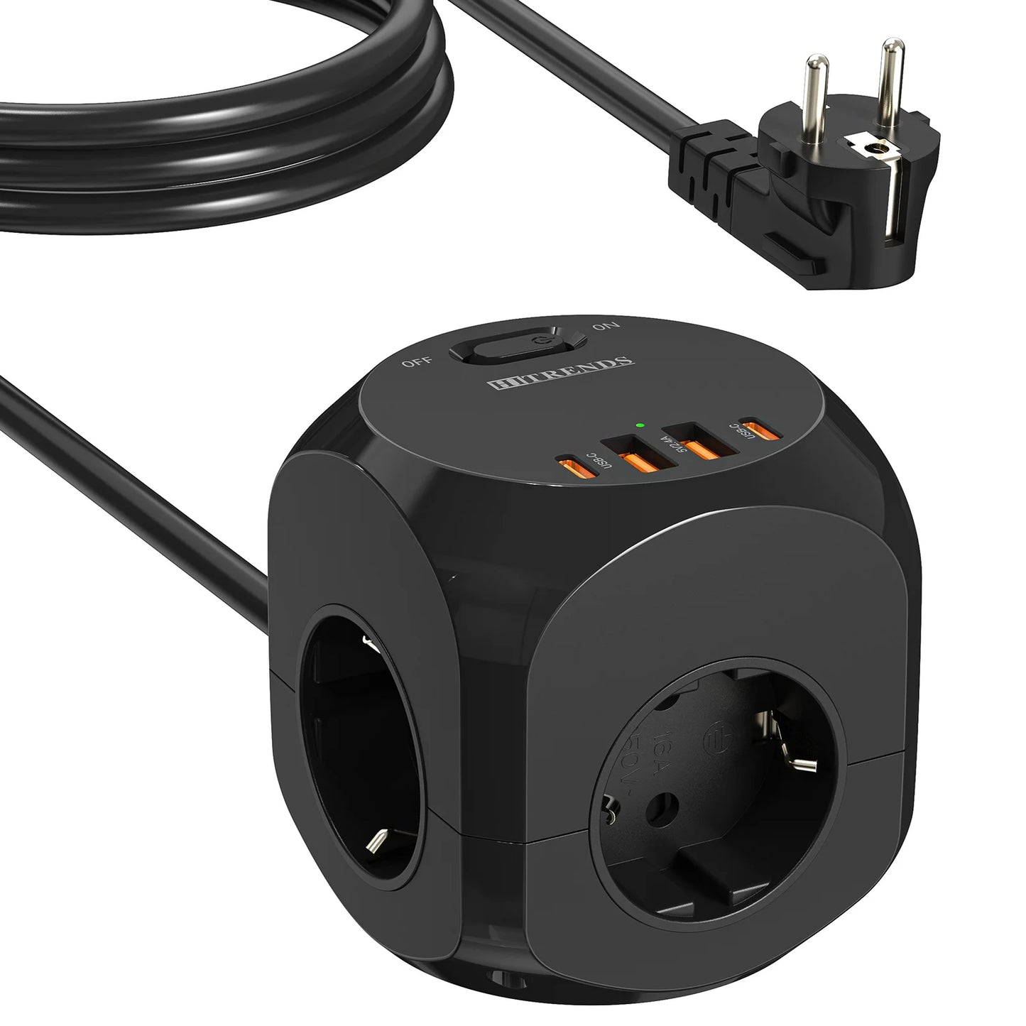 4-Way Cube Power Strip with USB-C & USB-A Fast Charging - 2M Extension Cord