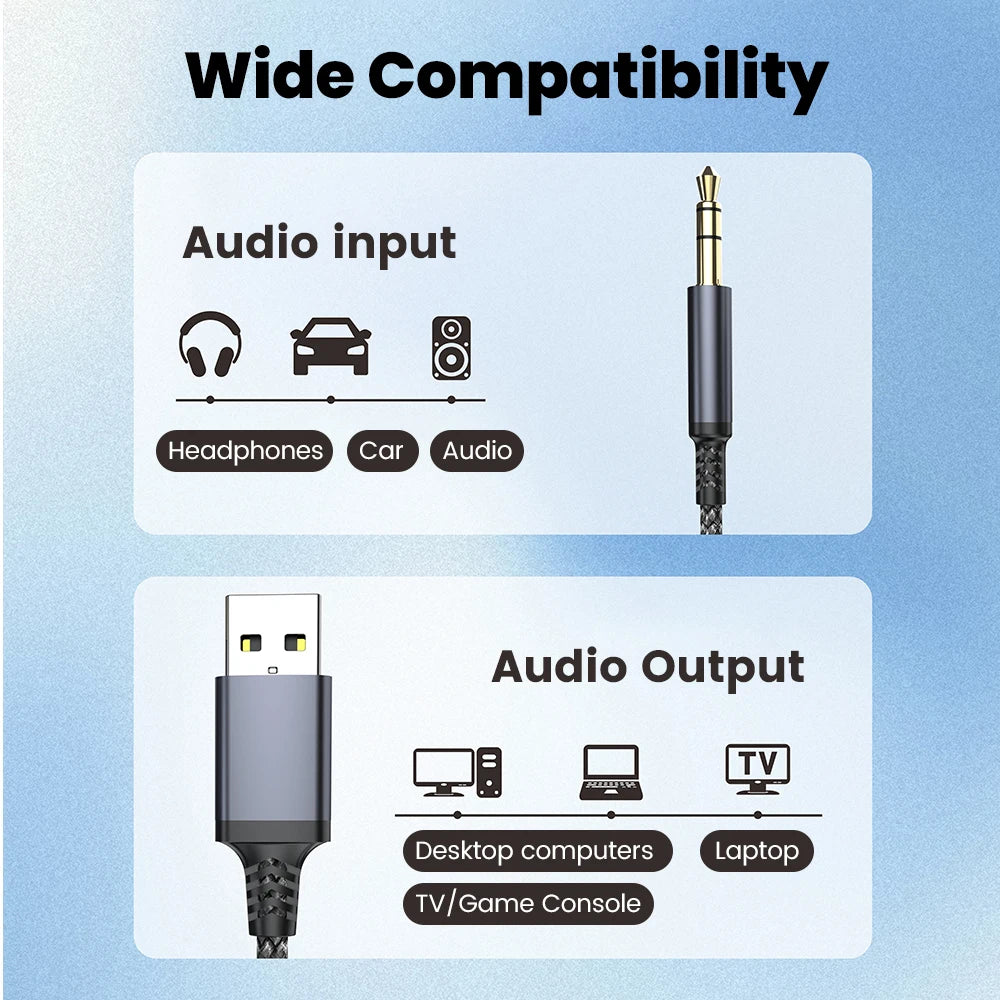 USB to 3.5mm Aux Audio Cable - Male to Male Stereo Adapter for Car & PC - 6