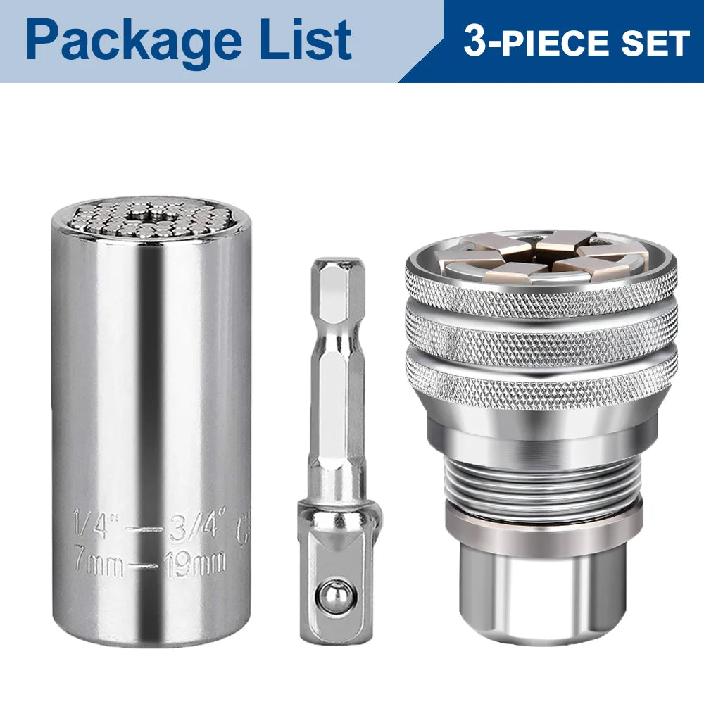 3-Piece Universal Socket Wrench & Adjustable Hex Sleeve Multi-Drill Attachment Set