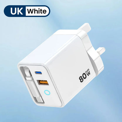 80W Fast USB-C Car Charger with Retractable Cable for iPhone & Laptop