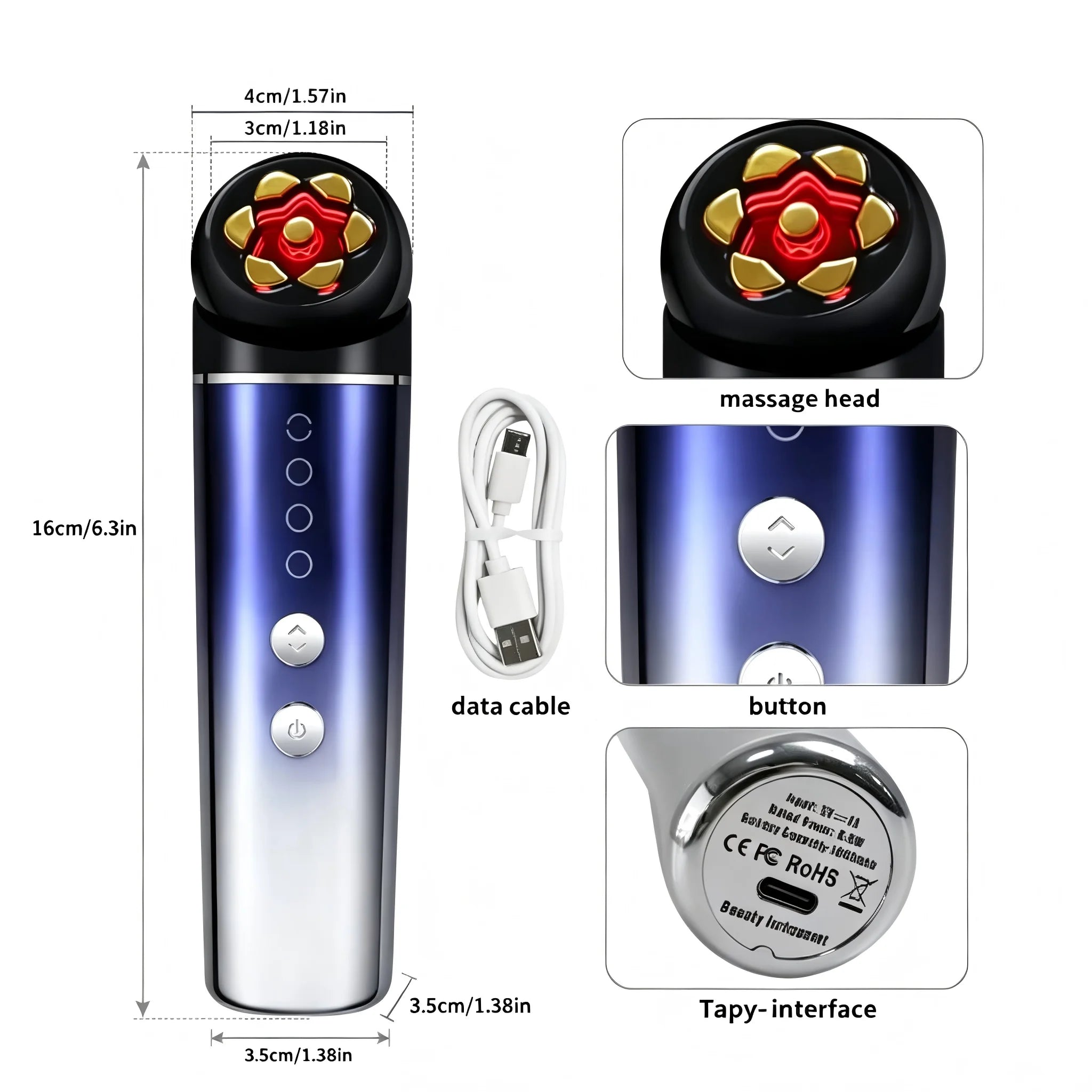 3-in-1 LED Facial Massager - Microcurrent Skin Tightening & Rejuvenation Wand - 12