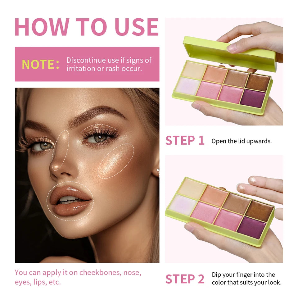 8-Color Cream Blush & Highlighter Palette | Long-Lasting Glow