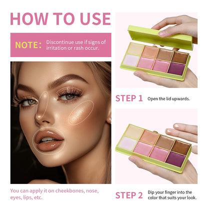 8-Color Cream Blush & Highlighter Palette | Long-Lasting Glow