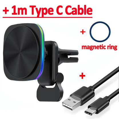 Magnetic Wireless Car Charger & Phone Mount - 15W Fast Charging Station
