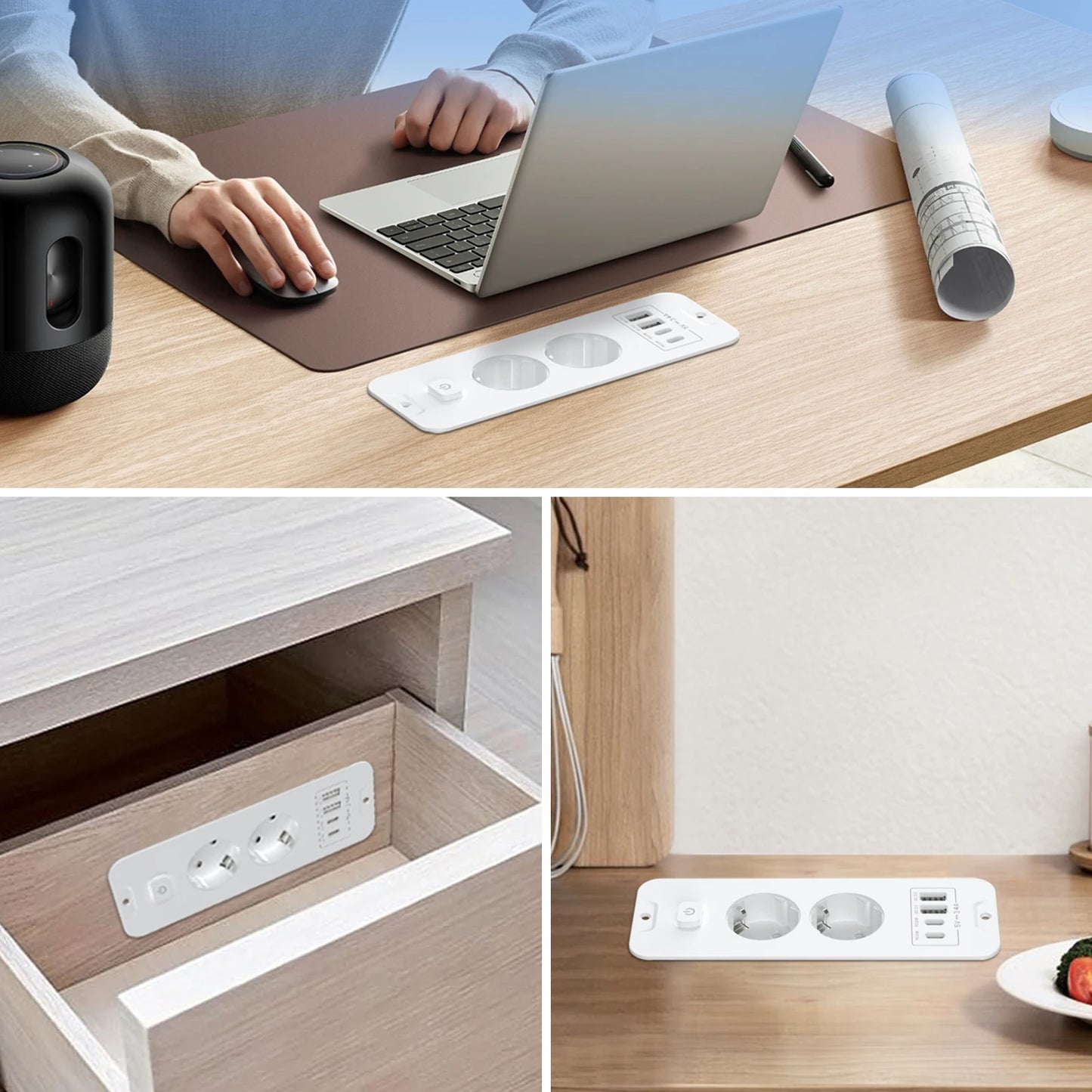 Desktop Recessed Power Strip - Built-in 3 AC Sockets, USB & PD 20W Type-C