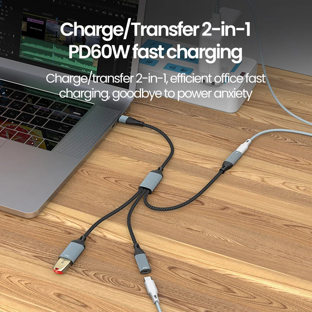 USB C Hub Splitter Adapter - 60W PD Fast Charging & Data Transfer Cable - 2