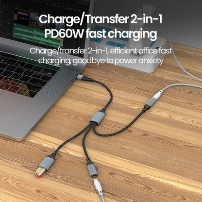 USB C Hub Splitter Adapter - 60W PD Fast Charging & Data Transfer Cable
