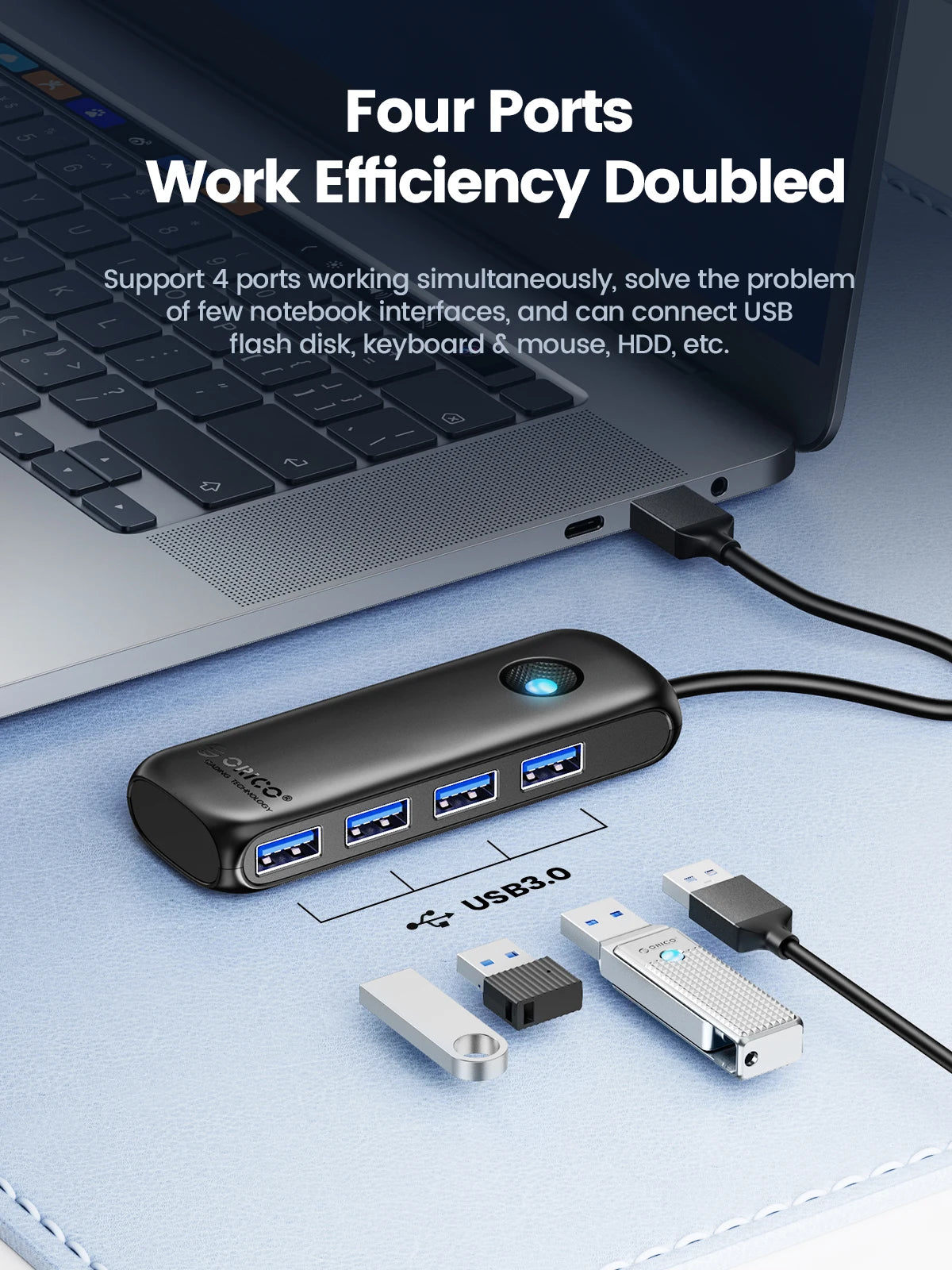4-Port USB 3.0 Hub High-Speed Data Splitter & Multi-Device Extender - 3