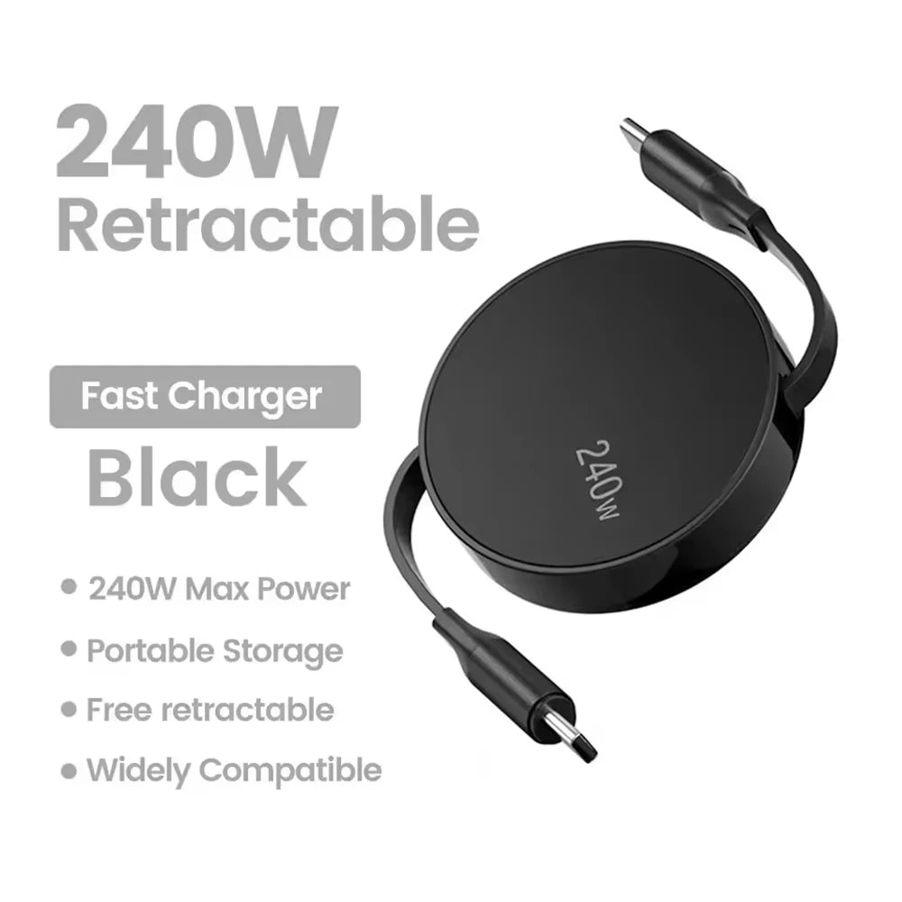 240W Retractable USB-C to USB-C Fast Charging & Data Cable
