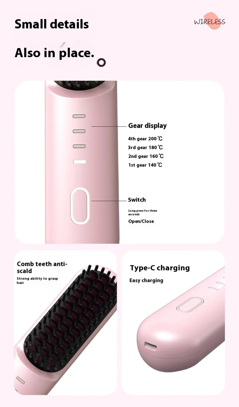 Fast Heating Cordless Hair Straightening Brush - Anti-Frizz Ionic Styling Comb - 24