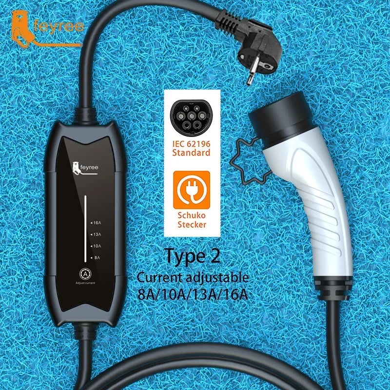 Portable EV Charger Type 2 - 16A 3.5KW Adjustable Electric Vehicle Charger
