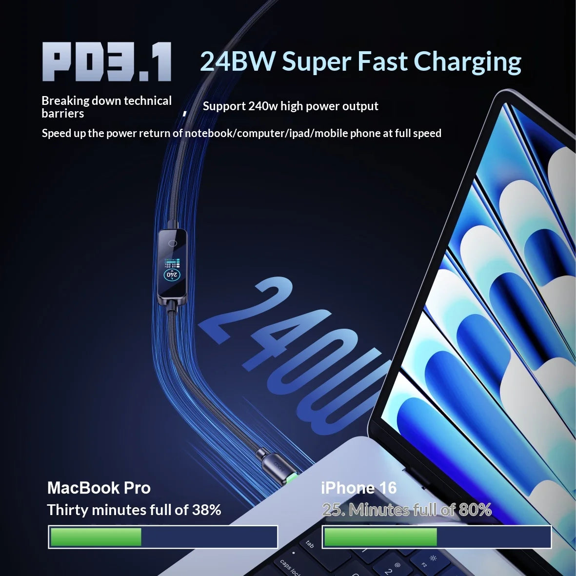240W USB-C Fast Charging Cable with Real-Time LED Power Display