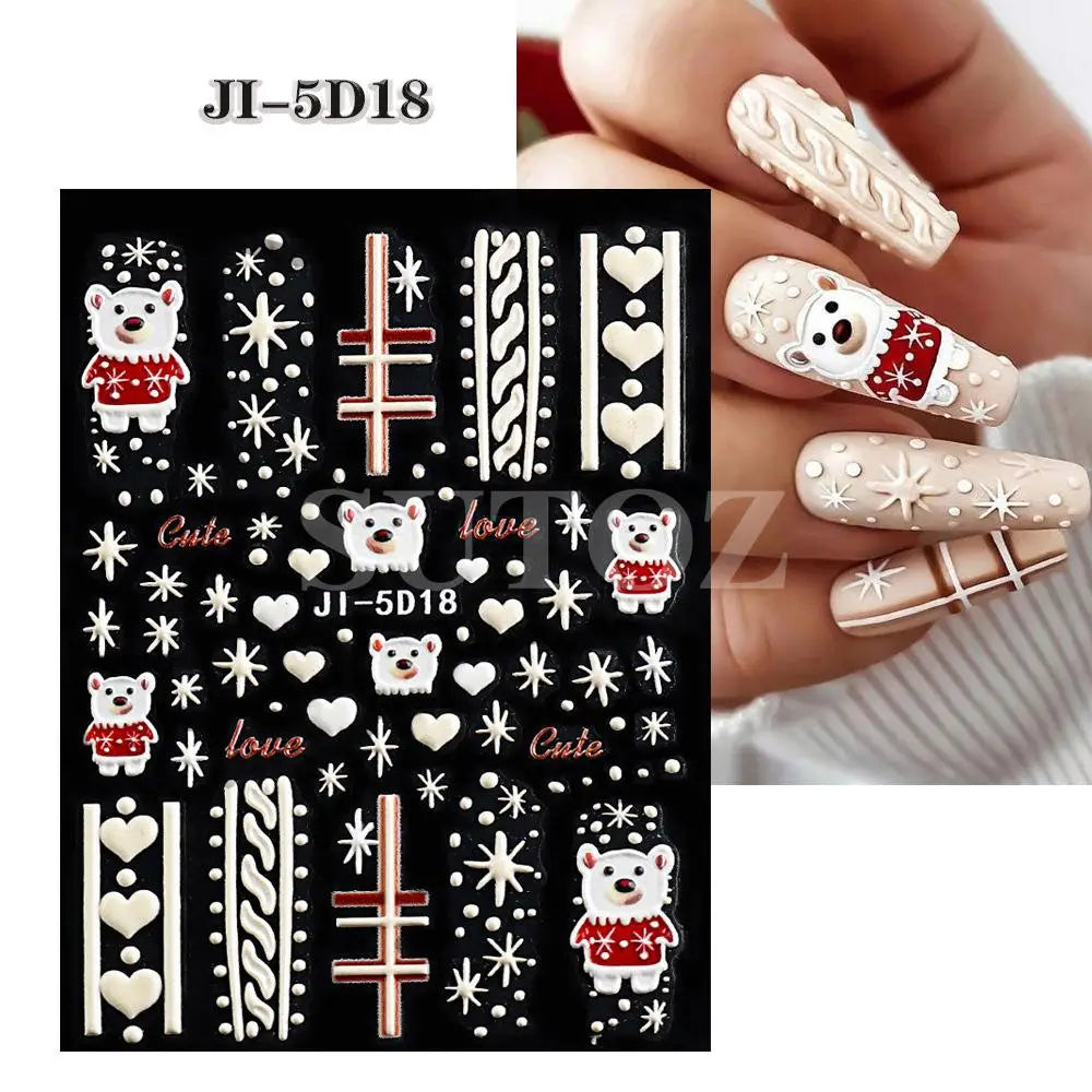 5D Embossed Christmas Nail Art Stickers - Winter Holiday Snowflake & Santa Decals