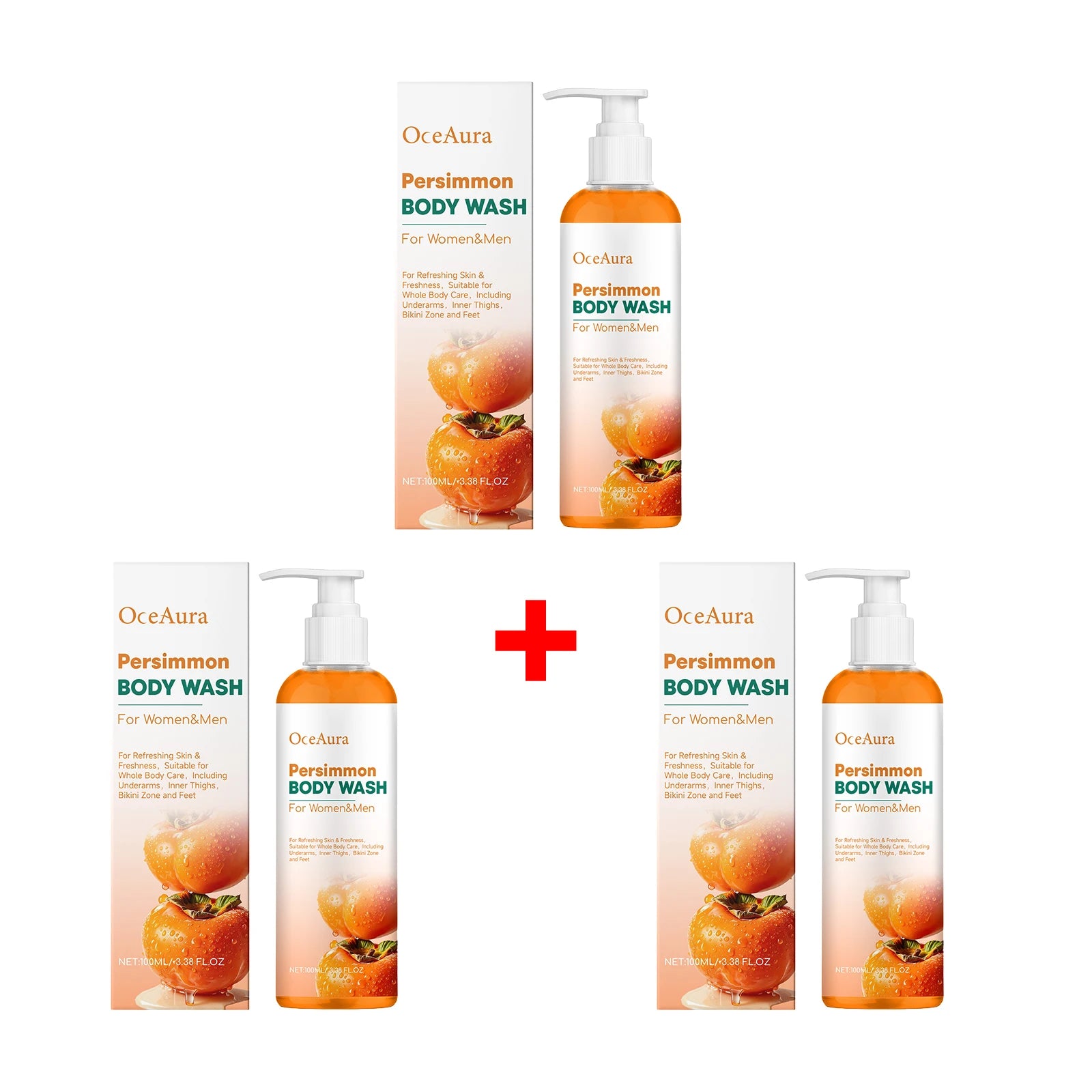 Natural Persimmon Body Wash - Odor Eliminating Deodorizing Shower Gel for All Skin - 15