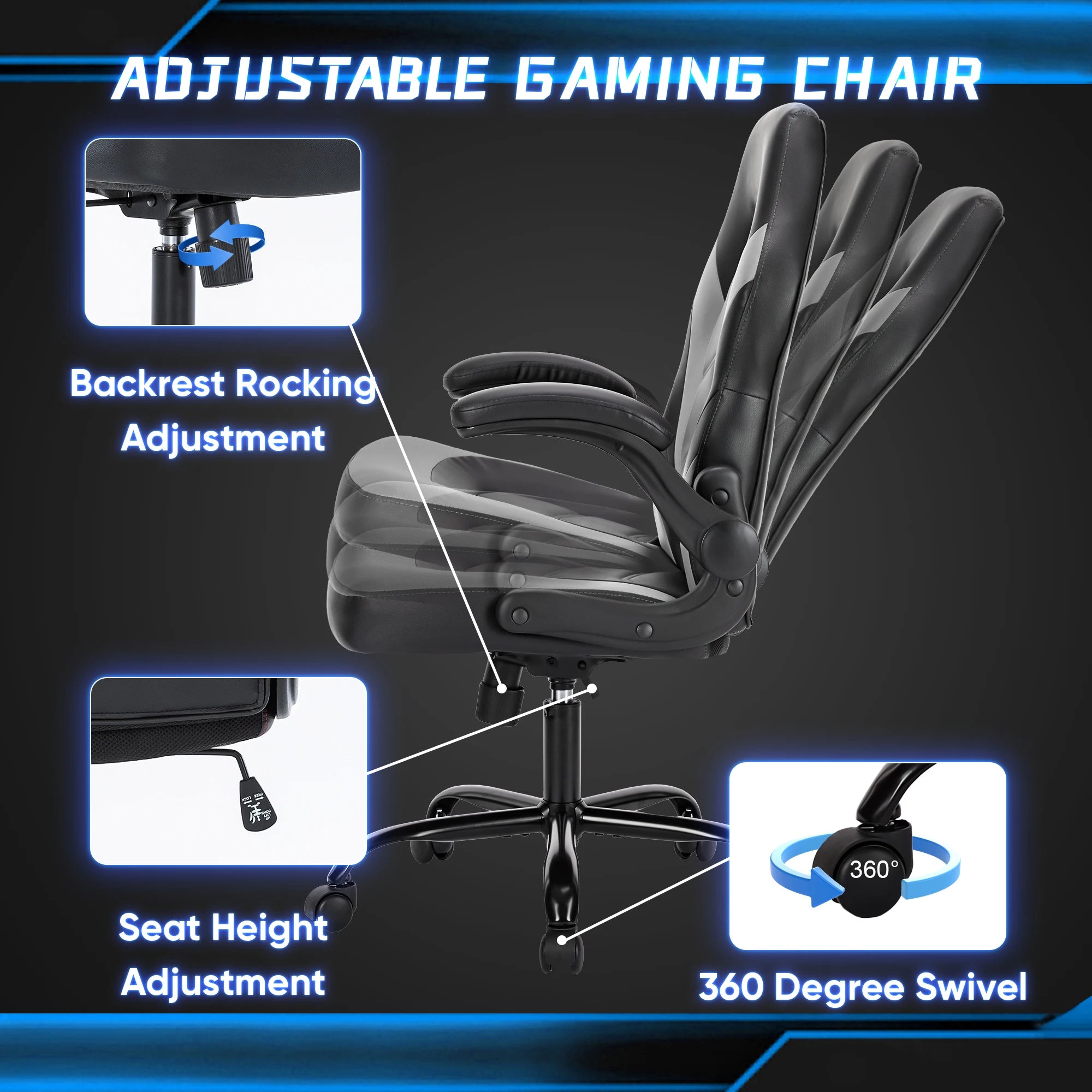 Ergonomic Racing Gaming Chair - Adjustable Height & Flip-Up Armrest Desk Chair - 6