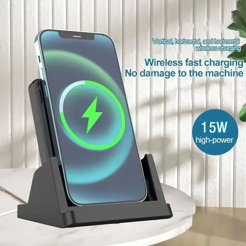 15W Fast Wireless Charging Stand - Vertical & Horizontal Phone Charger - 5
