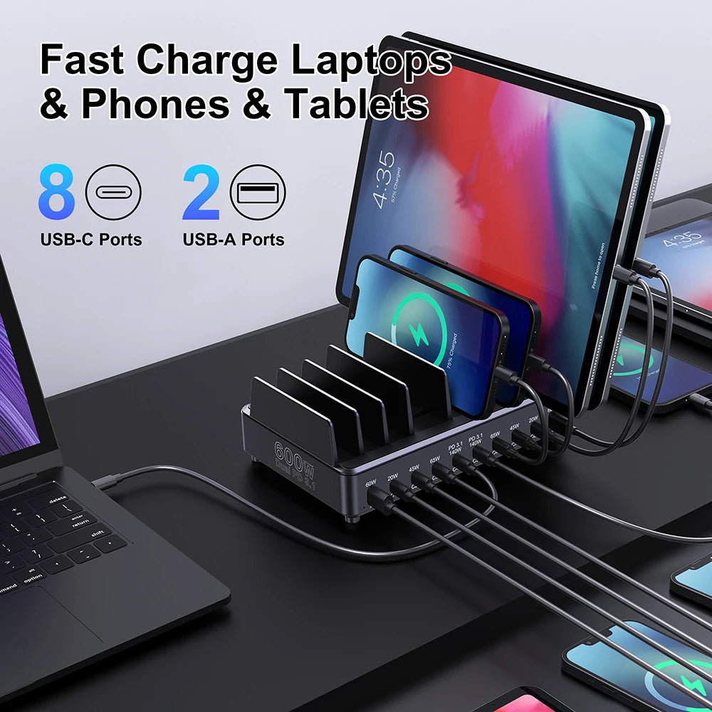 600W 10-Port GaN Desktop Charging Station - Fast PD 3.1 USB-C Charger