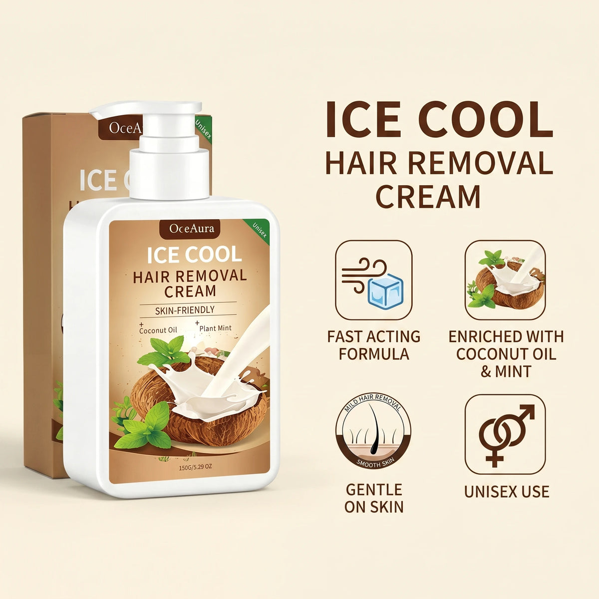 Ice Cool Painless Hair Removal Cream with Coconut Oil & Mint