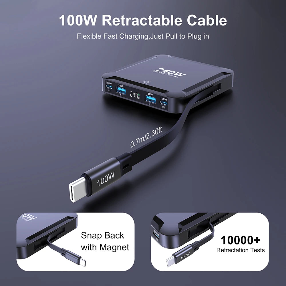 240W 5-in-1 GaN Fast Charging Station with 100W Retractable Cable