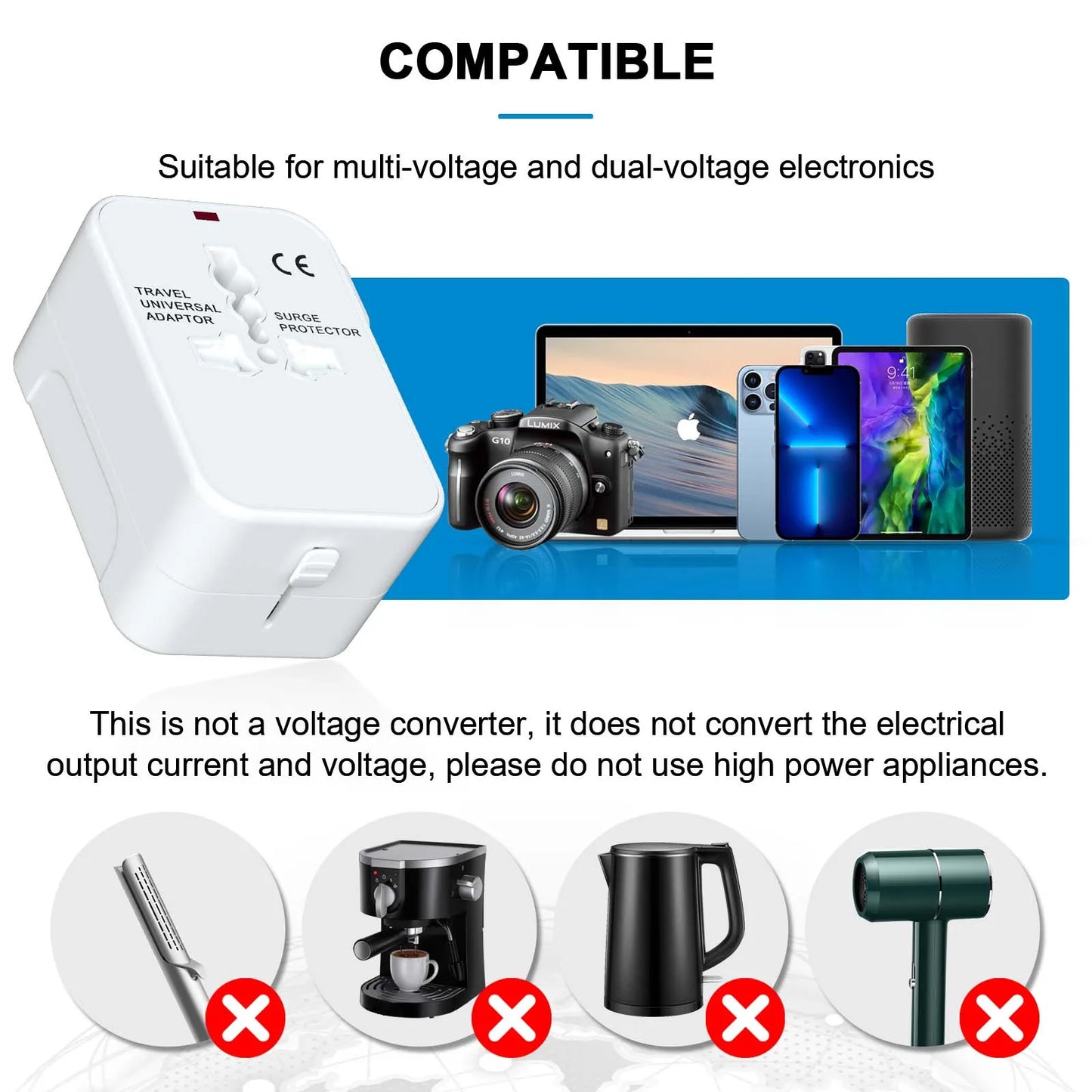 Universal All-in-One Travel Adapter with USB-C for Over 224 Countries