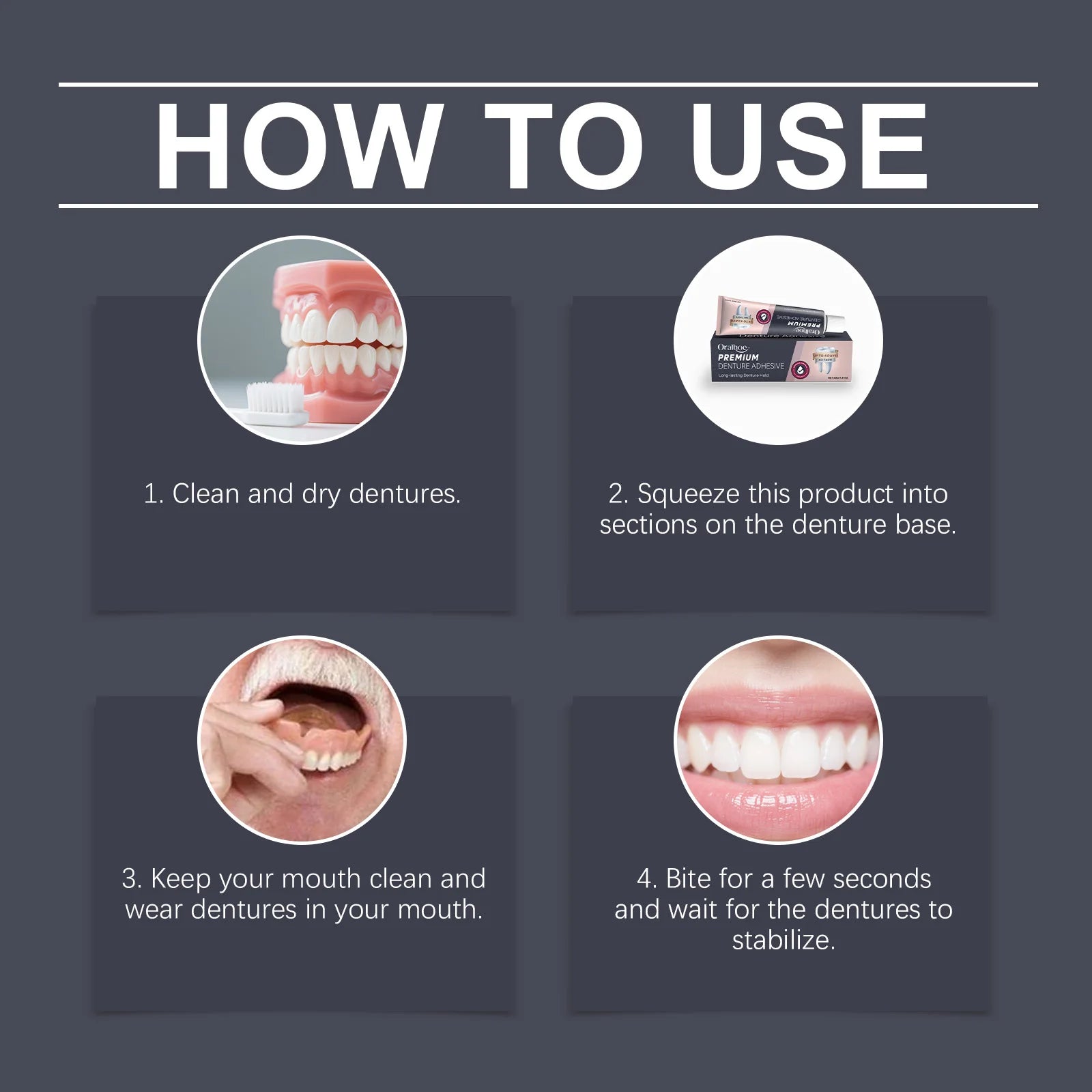 Waterproof Denture Adhesive Cream - Zinc-Free Long-Lasting Strong Hold Gel - 3