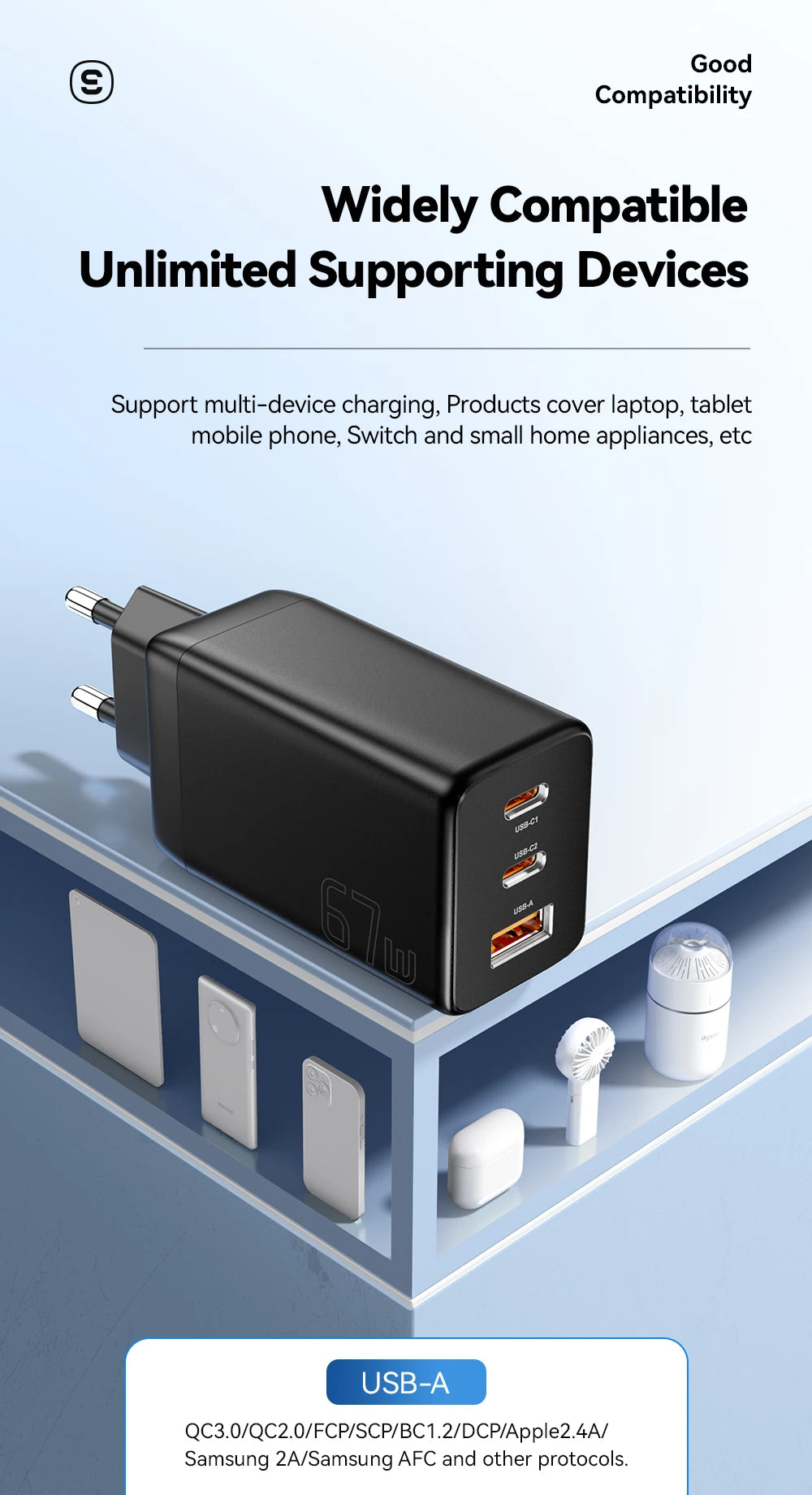 67W GaN 3-Port USB-C Fast Charger - Universal PD & QC Wall Adapter - 12