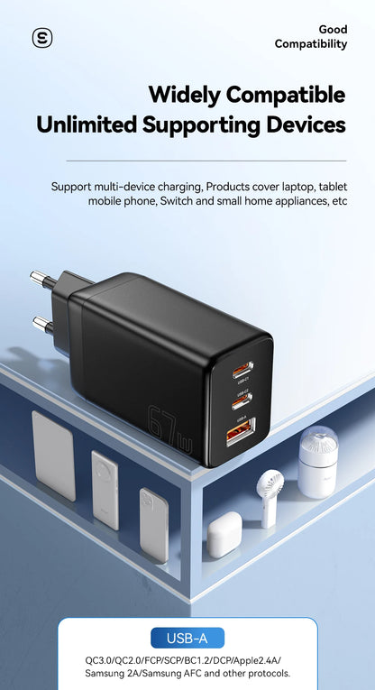 67W GaN 3-Port USB-C Fast Charger - Universal PD & QC Wall Adapter