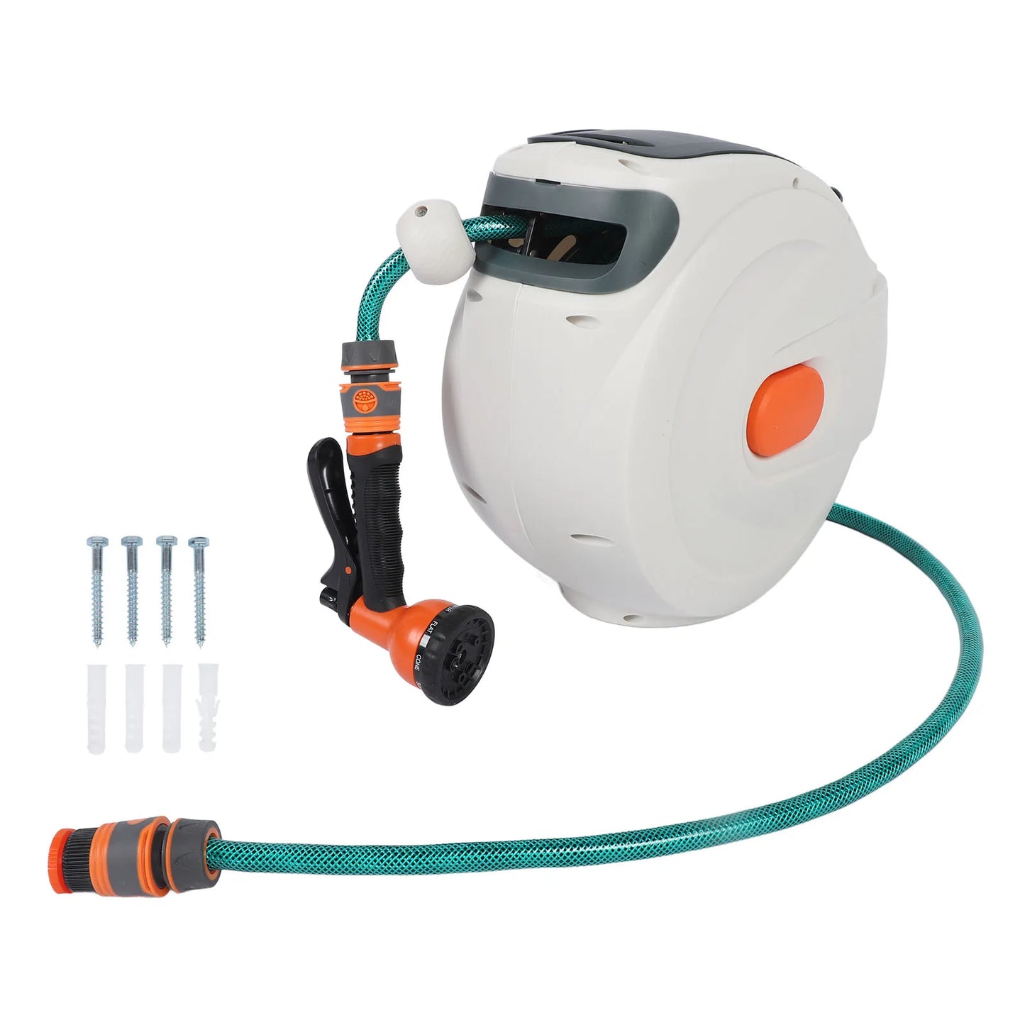 Retractable Garden Hose Reel 10m with 8-Pattern Spray Nozzle & Auto-Rewind