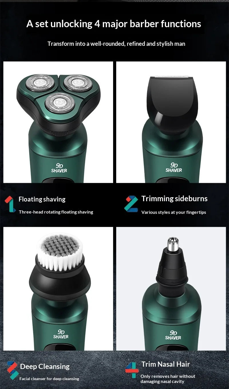 9D Floating Head Electric Shaver - Waterproof Rechargeable Razor