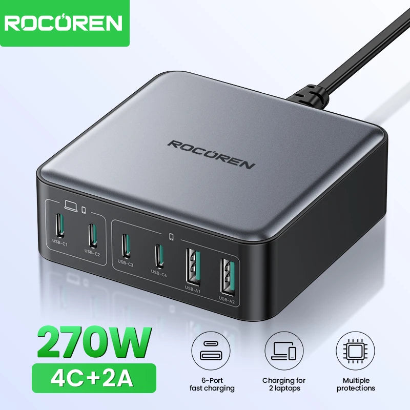 200W GaN 6-Port Desktop Fast Charger - PD USB-C Power Station - 1